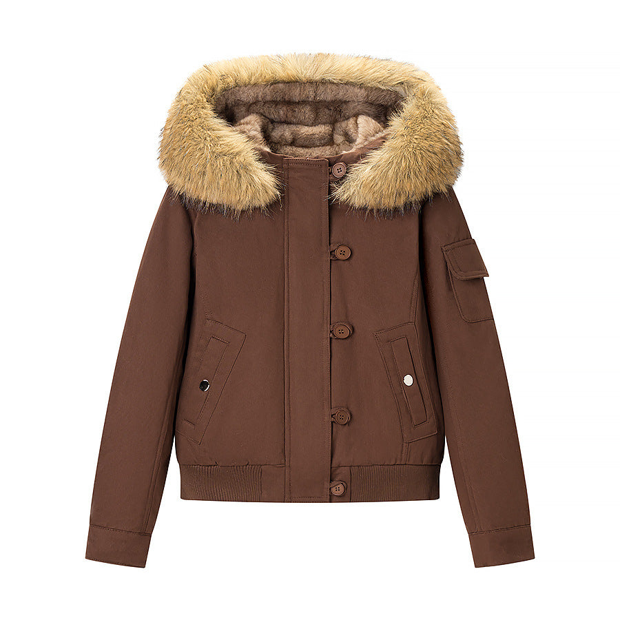 Damen Gefütterte Bomberjacke mit Kunstfellkapuze und Utility-Tasche Shop Nory