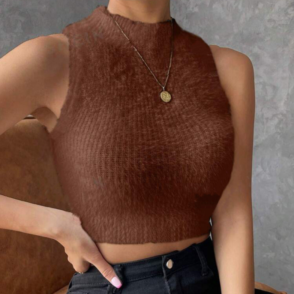 Damen Kurz geschnittenes ärmelloses geripptes Strick-Crop-Top mit Stehkragen Shop Nory