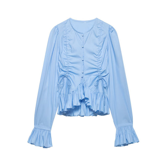 Damen Rüschige Bluse mit Kordelzug, Ballonärmeln und Volant-Saum Shop Nory