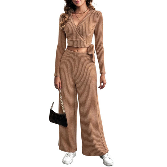 Damen Elegantes Strick-Set mit Wickeloberteil und weitem Bein Shop Nory