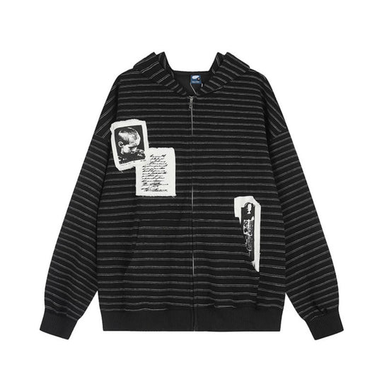 Unisex Kapuzen-Zipjacke im Oversize-Streifenlook mit Fotopatch-Applikationen Shop Nory
