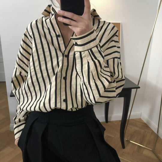 Damen Gestreifte Oversize-Hemdbluse mit Tropfenärmeln und Knopfmanschetten Shop Nory