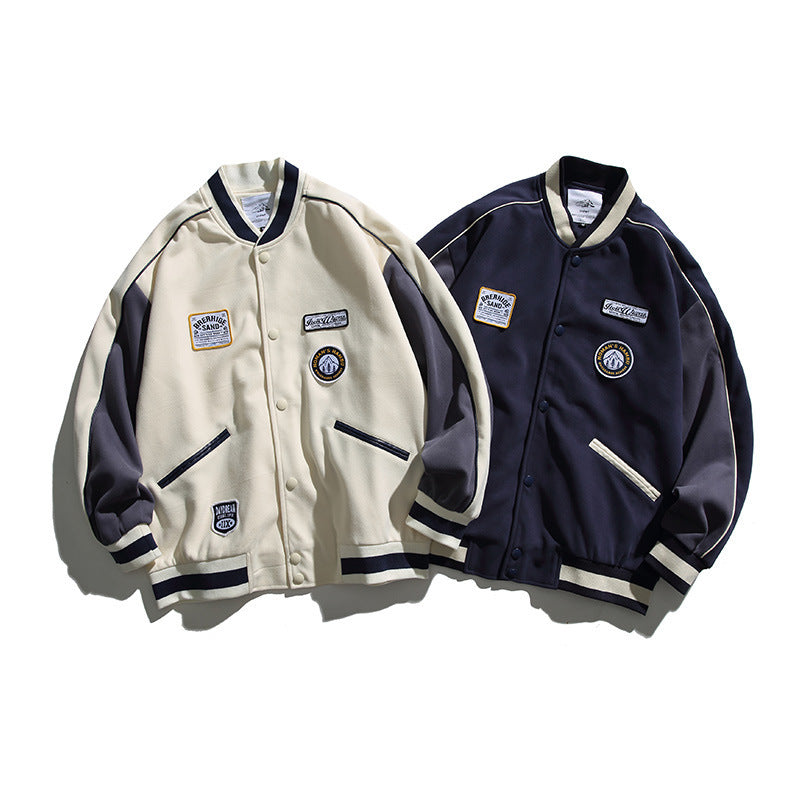 Unisex Boxy College-Bomberjacke mit Badge-Applikationen und kontrastierenden Rippabschlüssen Shop Nory