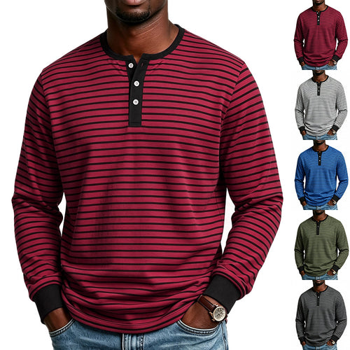 Herren Gestreiftes Langarm-Henleyshirt aus Baumwollmischung mit Knopfleiste Shop Nory