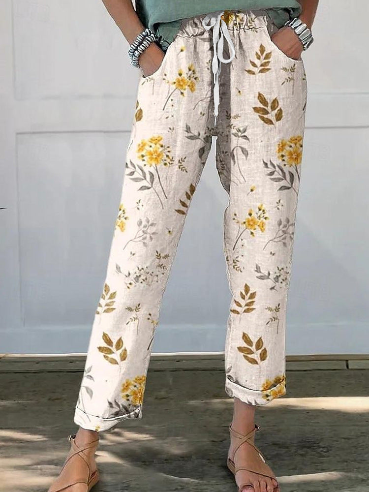 Damen Leinenoptik-Hose mit floralem Print, weitem Bein und Tunnelzug Shop Nory