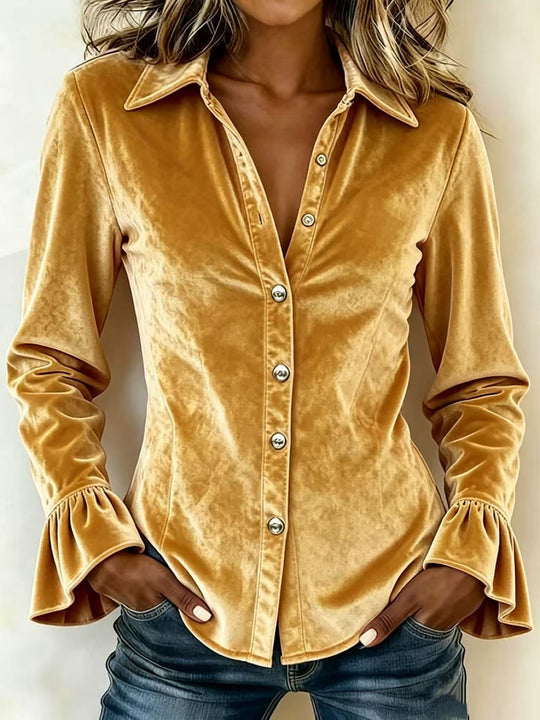 Damen Taillierte Samtbluse mit Reverskragen, Knopfleiste und Volantärmeln Shop Nory