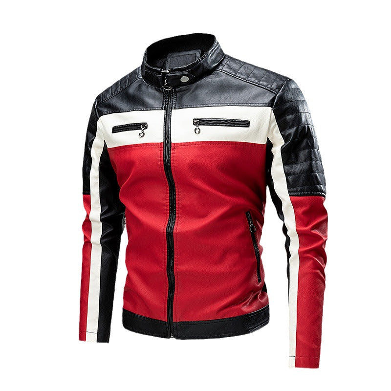 Herren Biker-Lederjacke im Colorblock-Design mit gesteppter Schulterpartie und Stehkragen Shop Nory
