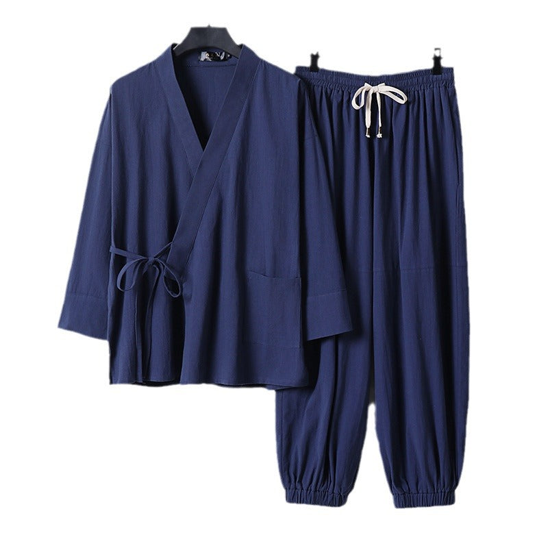 Unisex Entspanntes Kimono-Set mit Wickeljacke, dreiviertelärmeln und elastischer Kordelharemshose Shop Nory
