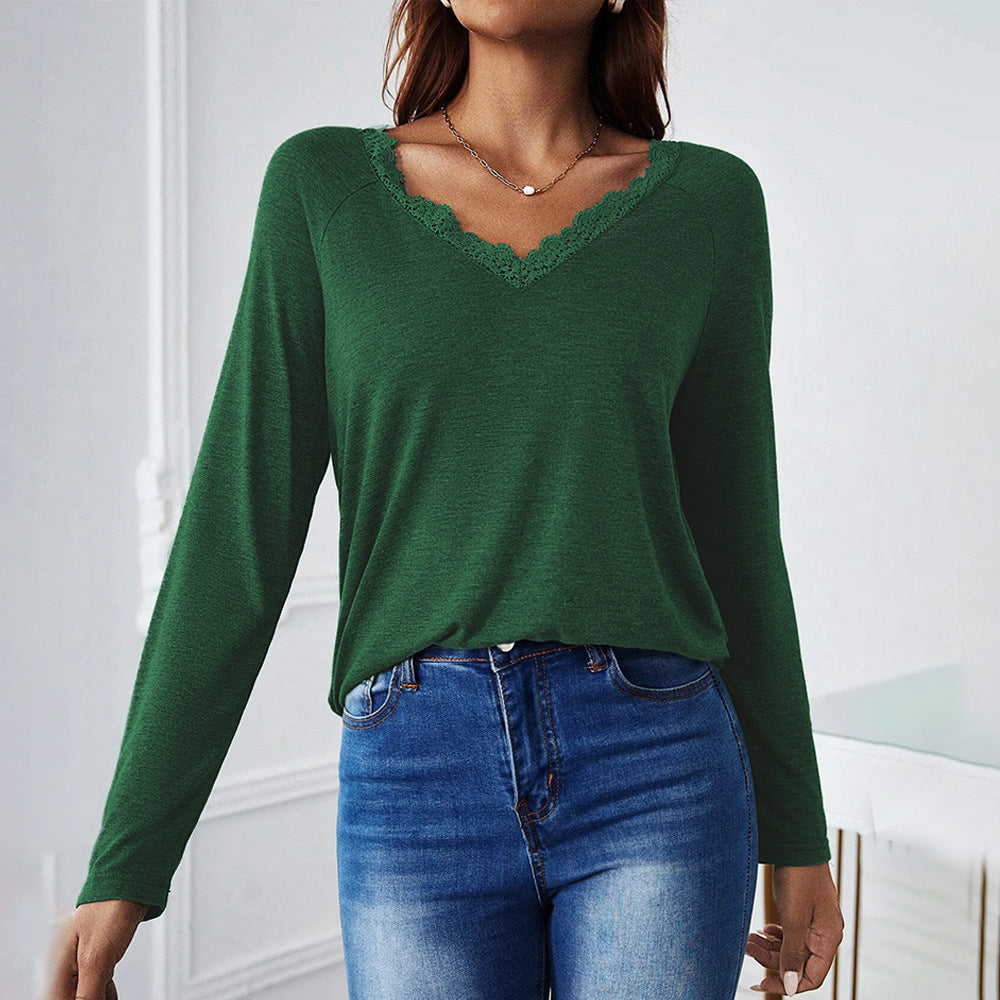 Damen feines V‑Neck Langarmshirt mit Spitzenbesatz, leichtem Feinstrick und lässiger Silhouette Shop Nory