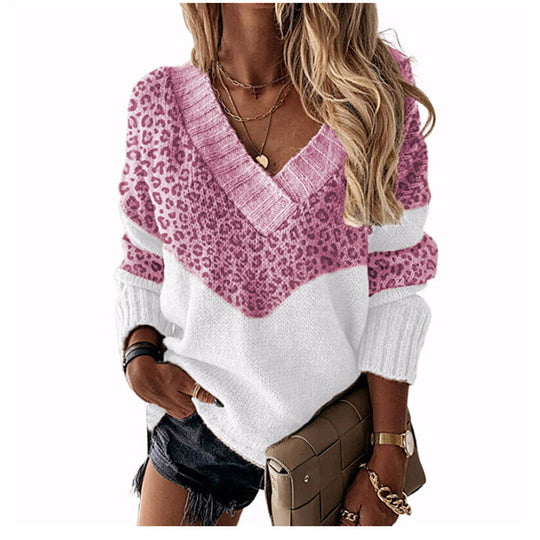 Damen V‑Ausschnitt Strickpullover mit Leo‑Print und Colorblock‑Design Shop Nory