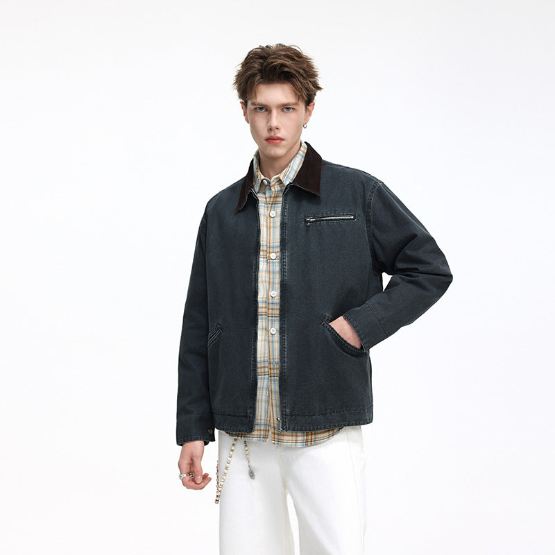 Herren Freizeitjacke aus gewaschenem Baumwollcanvas mit Cordkragen und Reißverschluss-Tasche Shop Nory