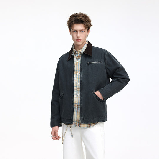 Herren Freizeitjacke aus gewaschenem Baumwollcanvas mit Cordkragen und Reißverschluss-Tasche Shop Nory