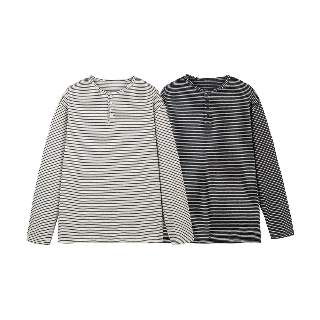 Unisex Gestreiftes Henley-Langarmshirt mit Knopfleiste und Oversize-Schnitt Shop Nory