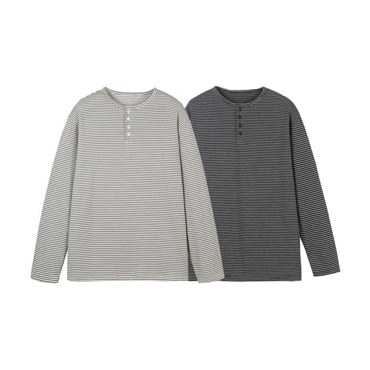 Unisex Gestreiftes Henley-Langarmshirt mit Knopfleiste und Oversize-Schnitt Shop Nory