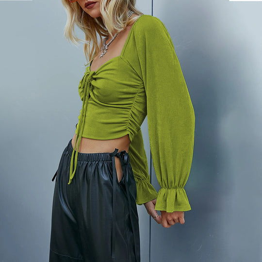 Damen gerafftes Crop-Top mit Herz-Bustier, Knoten-Detail und voluminösen Trompetenärmeln Shop Nory
