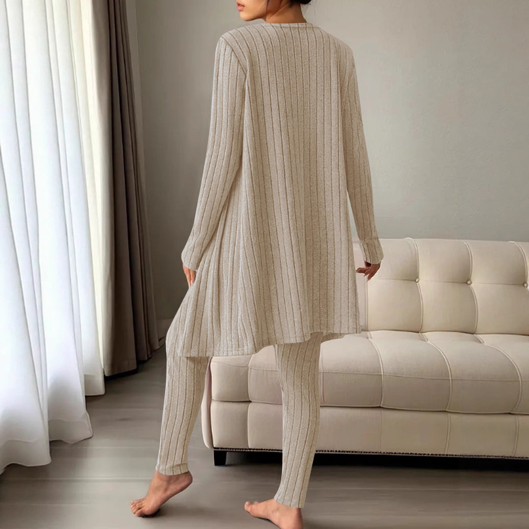 Damen Geripptes Feinstrick-Lounge-Set mit Longcardigan, kurzes Top und hochtaillierten Leggings Shop Nory