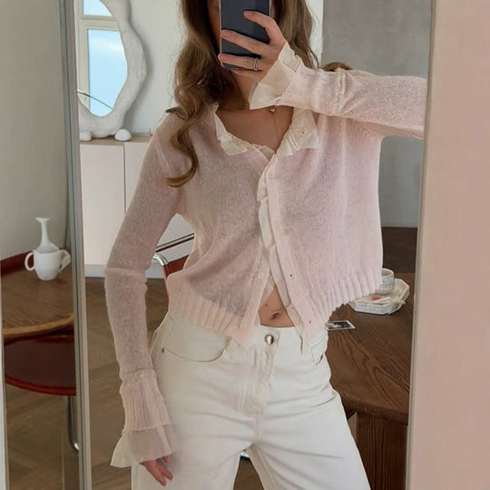 Damen Leichte Kurzgeschnittene Mohair‑Optik Strickjacke mit V‑Ausschnitt und Knopfleiste Shop Nory