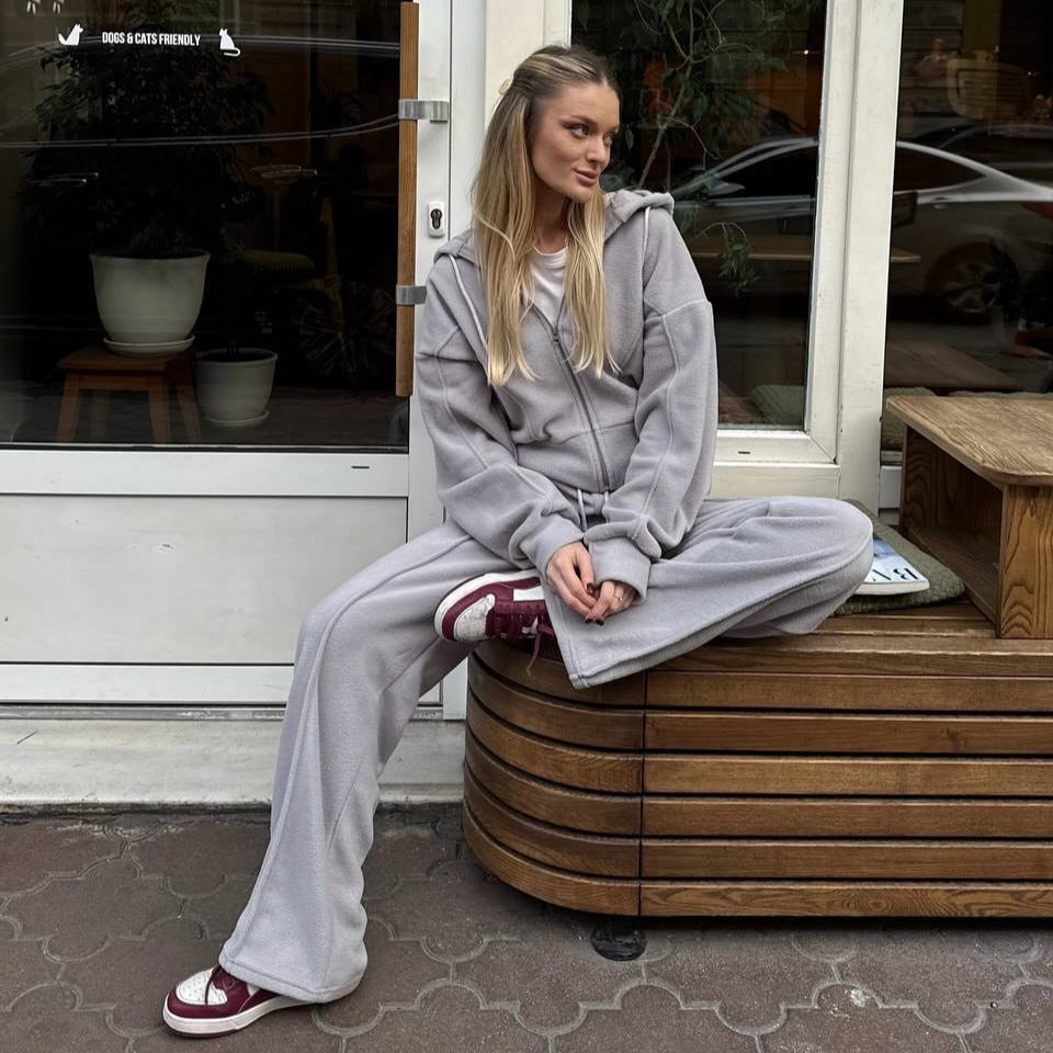 Damen Fleece-Lounge-Set mit kurzem Reißverschluss-Hoodie und taillenhoher Kordel-Jogginghose Shop Nory