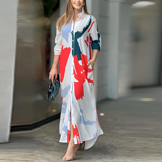 Damen Langes Hemdblusenkleid mit abstraktem Pinselprint und seitlichen Eingrifftaschen Shop Nory