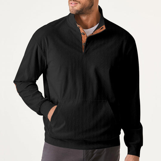 Herren Strukturiertes Ripp-Henley-Sweatshirt mit Stehkragen, Kängurutasche & Velours-Ellbogenpatches Shop Nory