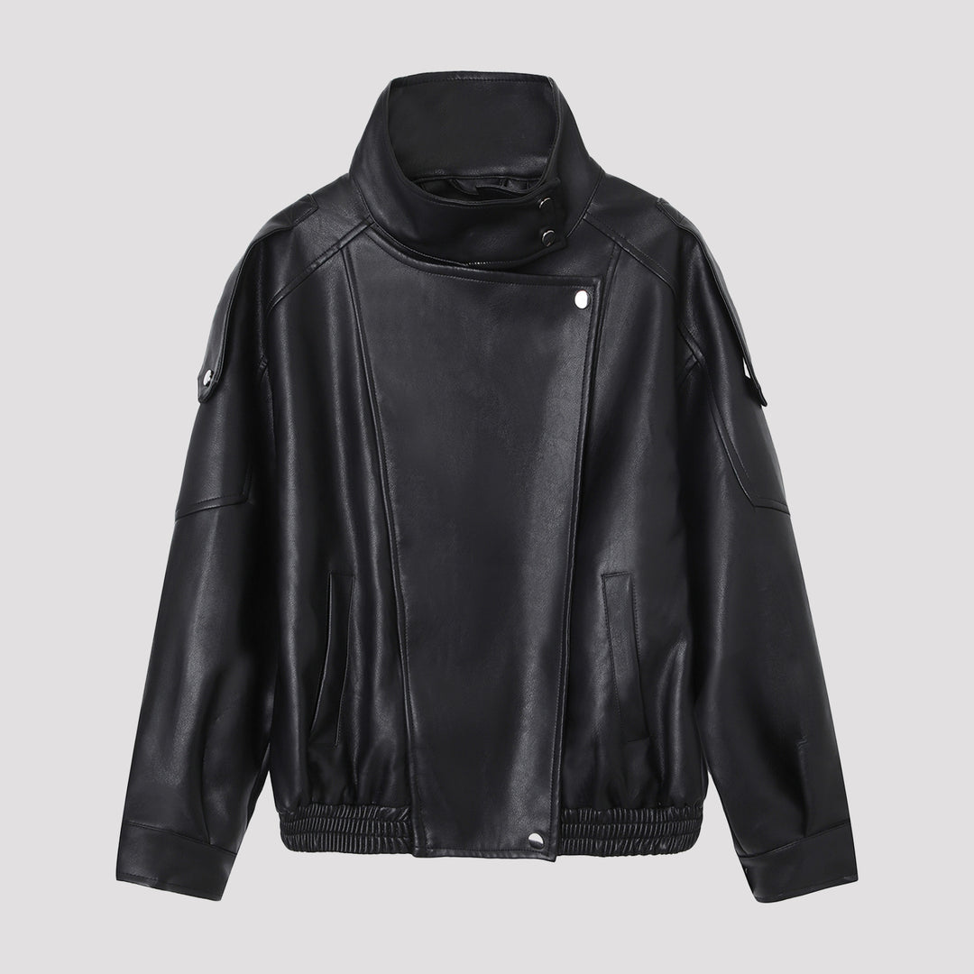 Damen Oversize-Kunstlederjacke mit hohem Stehkragen und asymmetrischer Blende Shop Nory