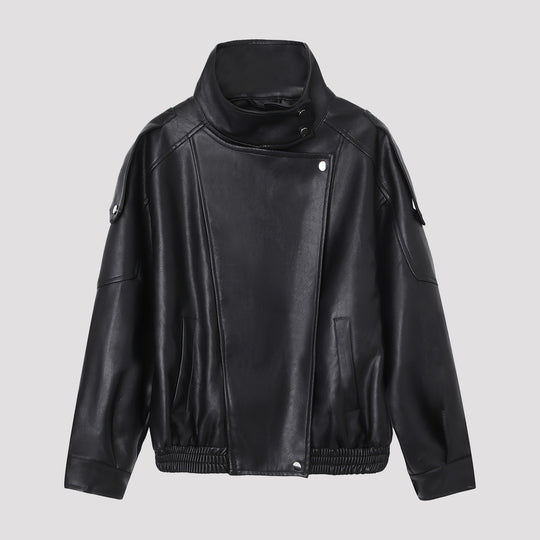 Damen Oversize-Kunstlederjacke mit hohem Stehkragen und asymmetrischer Blende Shop Nory