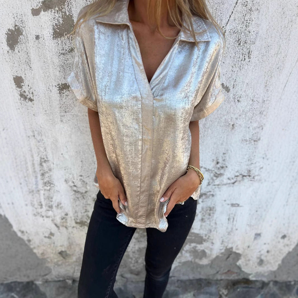Damen Elegante und lässige Satinbluse mit kurzen Ärmeln