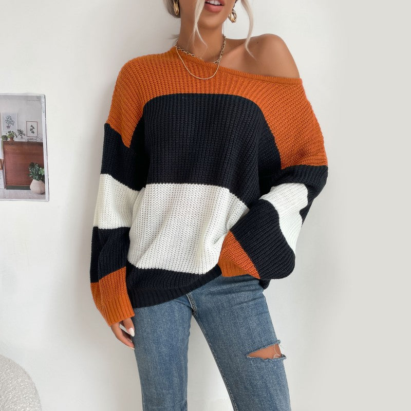 Damen Oversize Strickpullover mit schrägem Carmen-Ausschnitt und breiten Farbblöcken Shop Nory