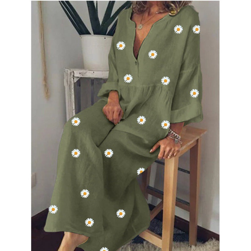 Damen Langes Leinenoptik Maxikleid mit tiefem V‑Ausschnitt, lockerer Empire‑Taillierung und Margeritenprint Shop Nory