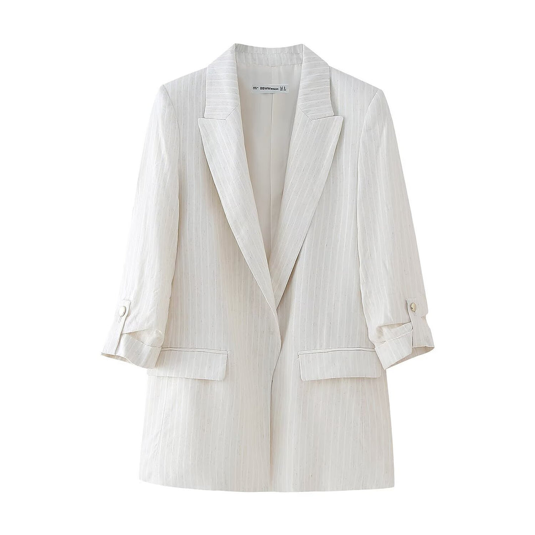 Damen Longblazer im Leinenlook mit weitem Revers, krempelbaren Ärmeln und Pattentaschen Shop Nory