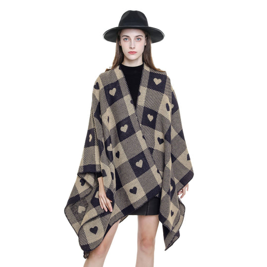Damen Capeponcho aus Jacquardstrick mit Herz-Allover und offener Front Shop Nory