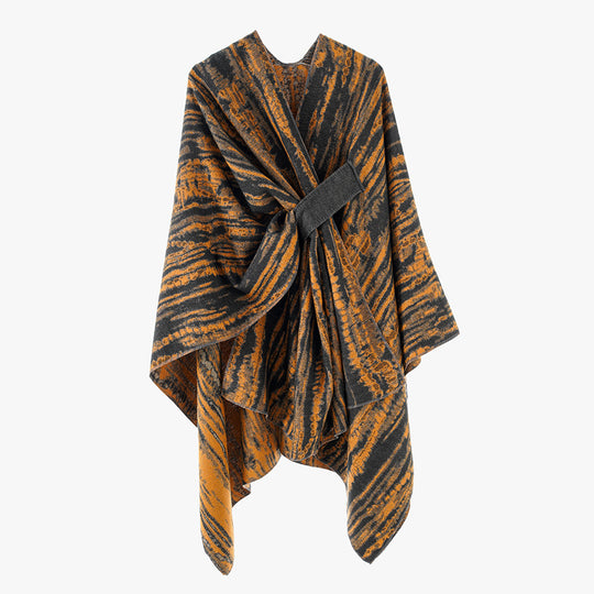 Damen Jacquard-Capeponcho mit dekorativem Bindegürtel und asymmetrischem Saum Shop Nory