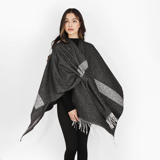 Damen Wollmix-Capeponcho mit Bindeschlaufen, weichgewebtem Oversize-Überwurf und Fransensaum Shop Nory