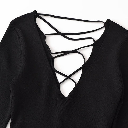 Damen Cropped Feinstrick-Top mit tiefem V‑Ausschnitt, dekorativer Schnürung vorne und Tunnelzugsaum Shop Nory