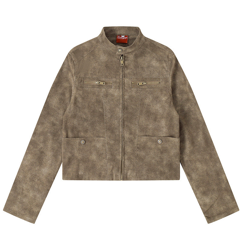 Damen Kurz geschnittene Bikerjacke aus Velours‑Optik mit Stehkragen und Brust‑Zipper Shop Nory