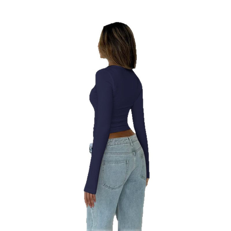 Damen Enganliegendes Langarm-Croppedshirt mit V-Ausschnitt Shop Nory