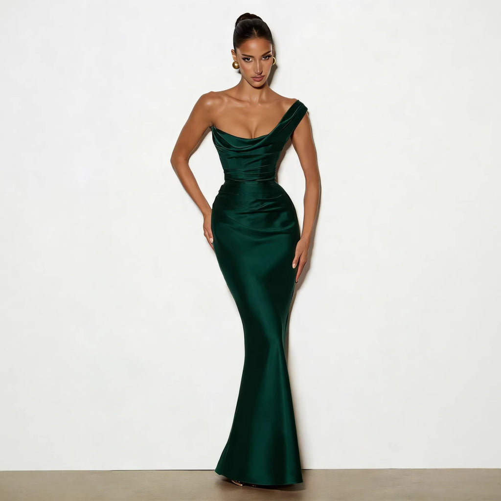Damen Elegantes Satin Lang Abendkleid mit asymmetrischem Schnitt und figurschmeichelndem Design Shopnory