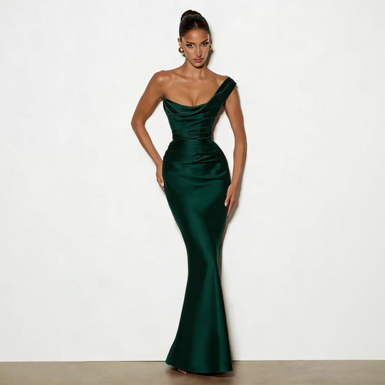 Damen Elegantes Satin Lang Abendkleid mit asymmetrischem Schnitt und figurschmeichelndem Design Shopnory