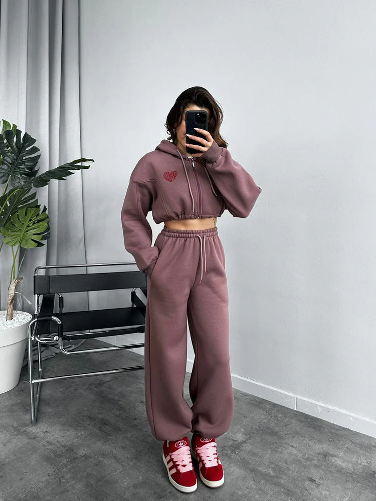 Damen Cropped Kapuzenpullover und hohe Taille Wide-Leg Jogginghose Set Shop Nory
