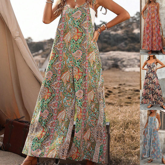 Damen Weiter Palazzo-Overall mit verstellbaren Trägern, Seitentaschen und Boho-Print Shop Nory