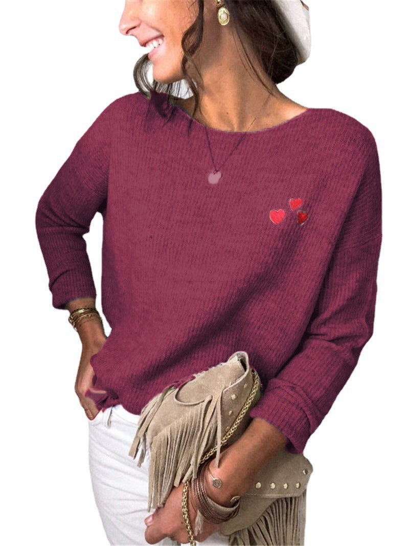 Damen Leichter Feinstrickpullover mit U-Boot-Ausschnitt, lockerem Sitz und Herzstickerei Shop Nory