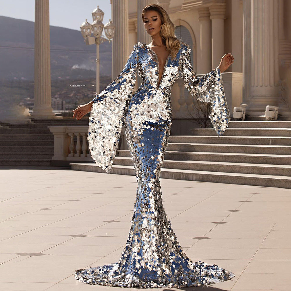 Damen Glamouröses Pailletten Abendkleid mit tiefem V-Ausschnitt und langen Ärmeln