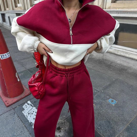 Damen Oversized Zweifarbiges Half-Zip Loungewear-Set mit Stehkragen und weitem Palazzo-Jogger Shop Nory