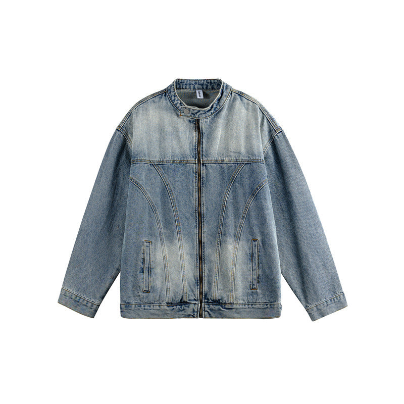 Unisex Boxy-Jeansjacke im Workwear-Stil mit geschwungener Teilnaht und Stehkragen Shop Nory