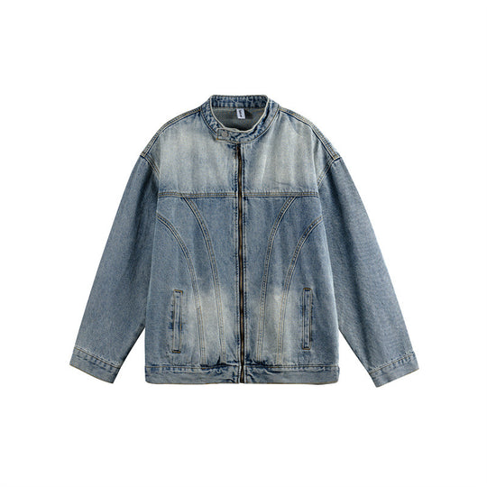 Unisex Boxy-Jeansjacke im Workwear-Stil mit geschwungener Teilnaht und Stehkragen Shop Nory