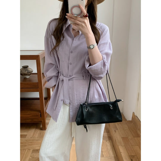Damen Weit geschnittene Leinen‑Hemdbluse mit Taillengürtel und Brusttasche Shop Nory