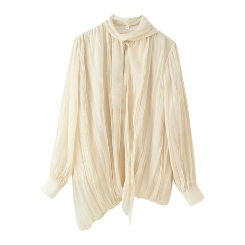 Damen Transparente Plissee-Chiffon-Bluse mit Halstuch-Schleife und asymmetrischem Saum Shop Nory
