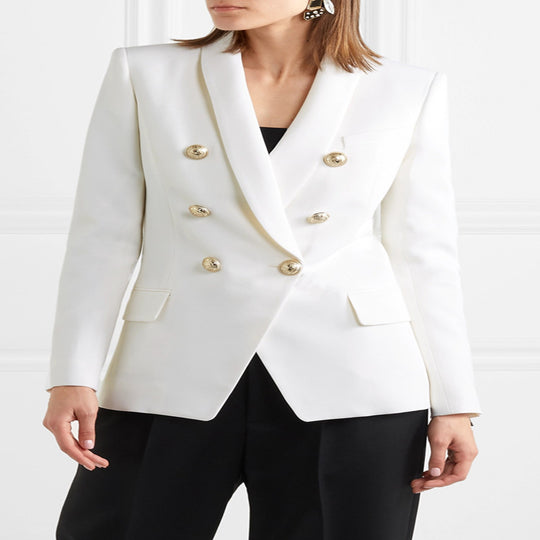 Damen Taillierter Zweireihiger Blazer im Smoking-Tailoring mit Schalkragen und goldenen Zierrundknöpfen Shop Nory