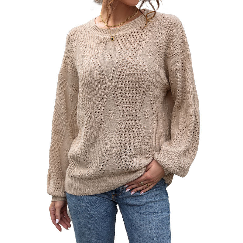 Damen Strukturierter Ajour-Strickpullover mit Rauten‑Muster und Ballonärmeln Shop Nory