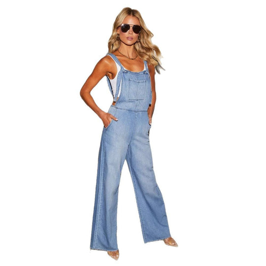 Damen lässiger Denim-Overall mit weitem Bein und verstellbaren Trägern